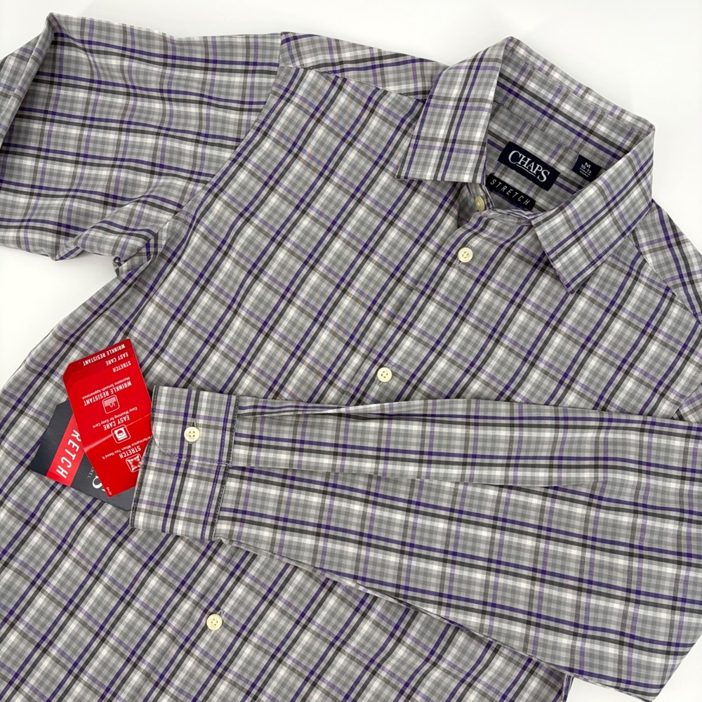 Chaps Dress Shirt Boys Size Medium 10-12 Grey Purple Plaid Stretch Long Sleeve